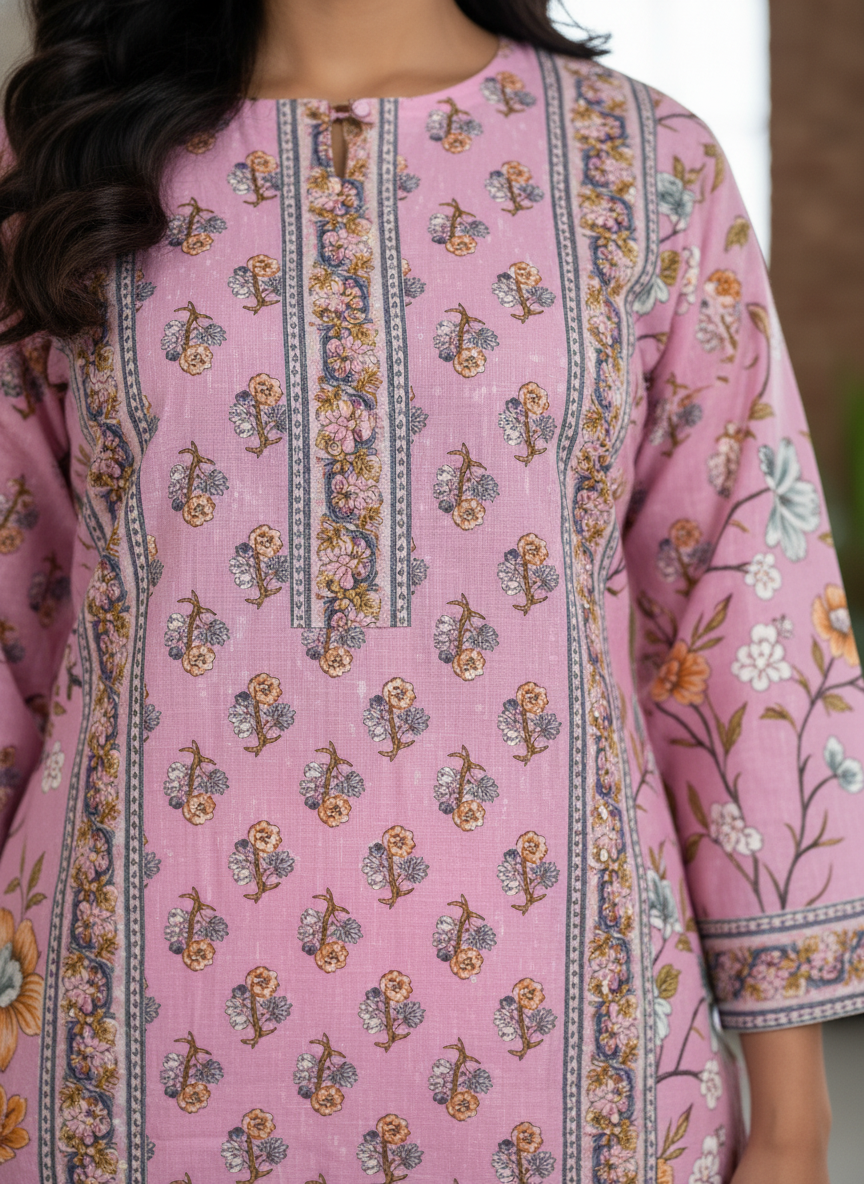 Blush Pink Floral A-Line Cotton Suit Set for Women – Daily Wear Kurta with Dupatta