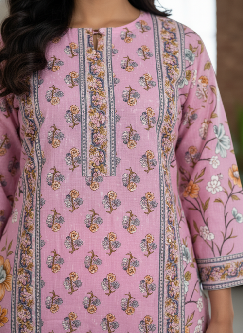 Blush Pink Floral A-Line Cotton Suit Set for Women – Daily Wear Kurta with Dupatta