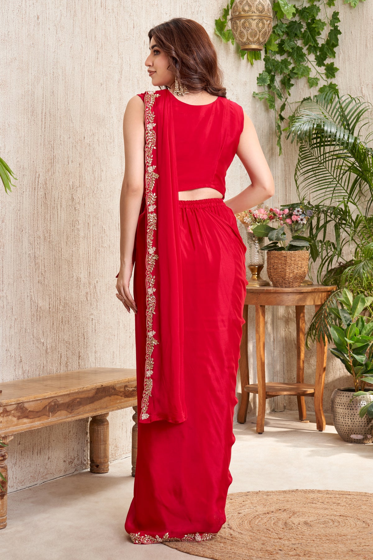 Scarlet Red Pre-Draped Saree Gown with Gold Embroidery