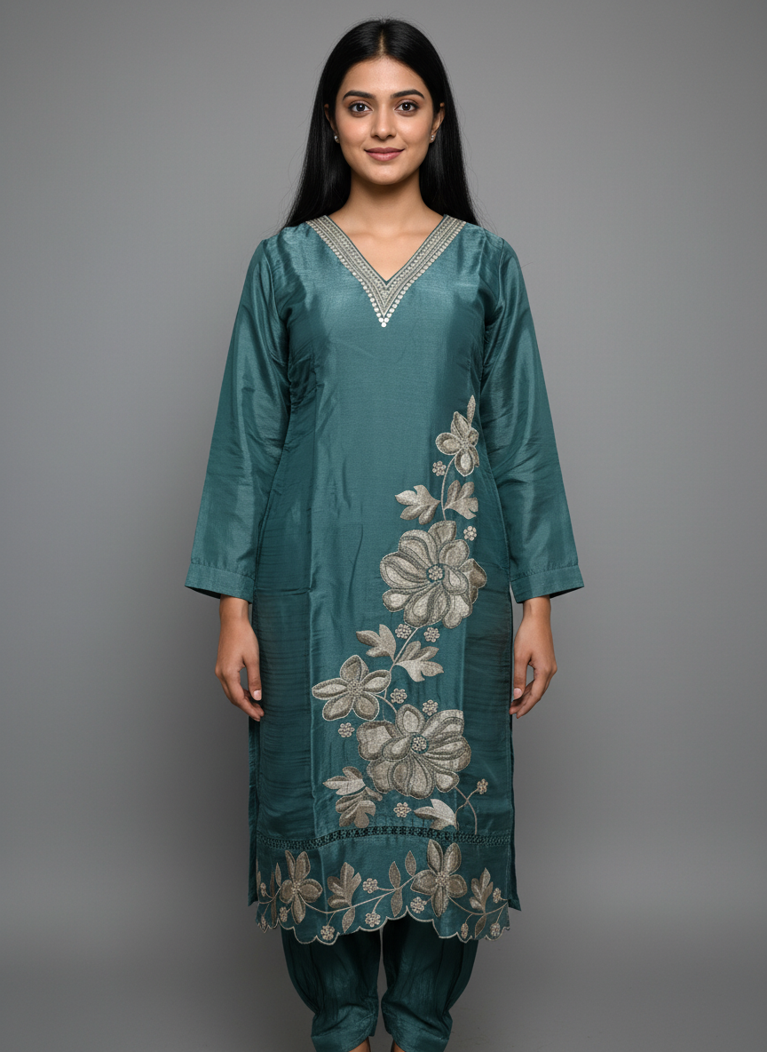 Teal Silk Floral Embroidered Suit Set – Festive Three-Piece