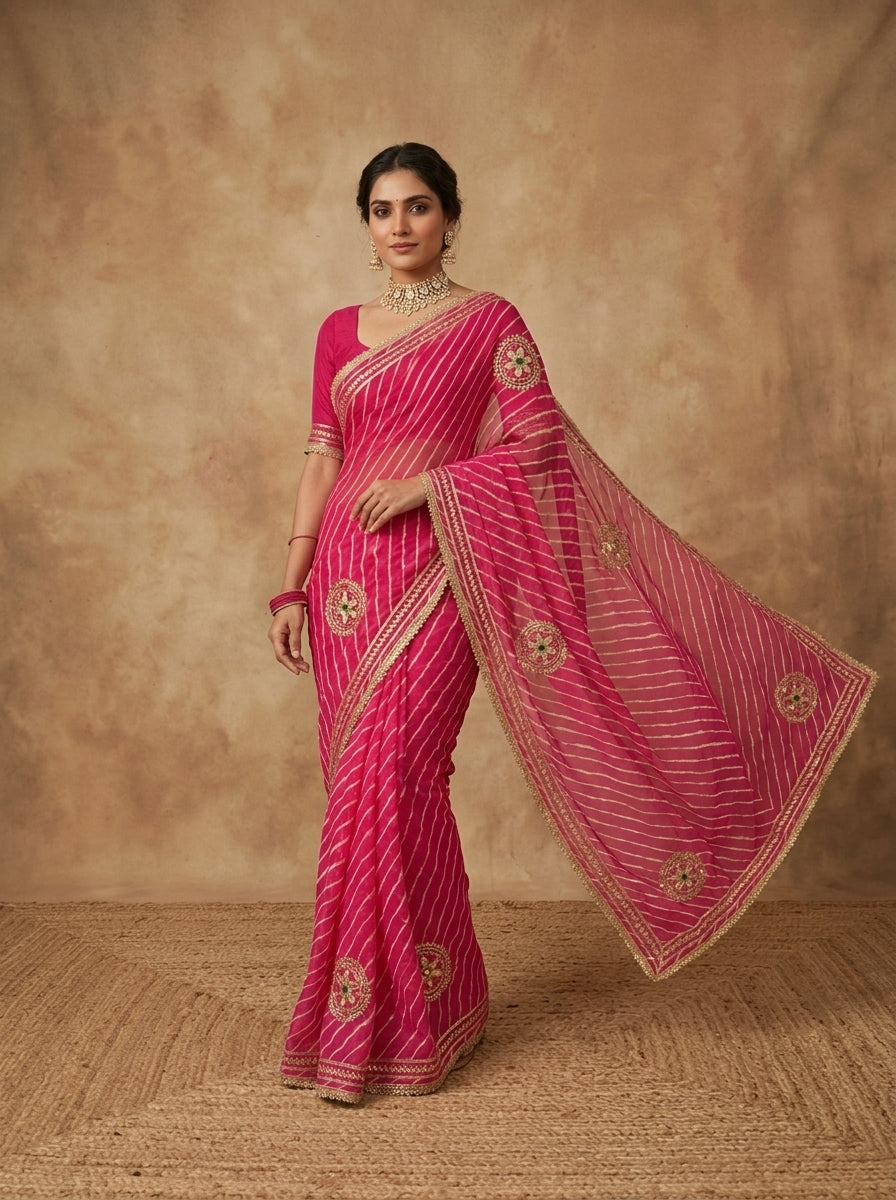 Rani Pink Leheriya Georgette Saree with Gota Mirror Motifs
