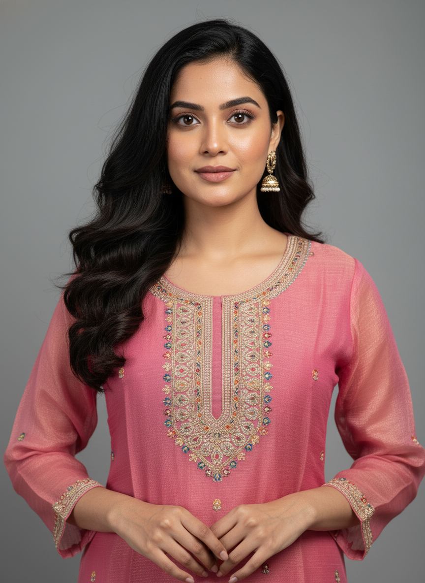 Rose Pink Floral Embroidered Georgette Suit Set – The Amara