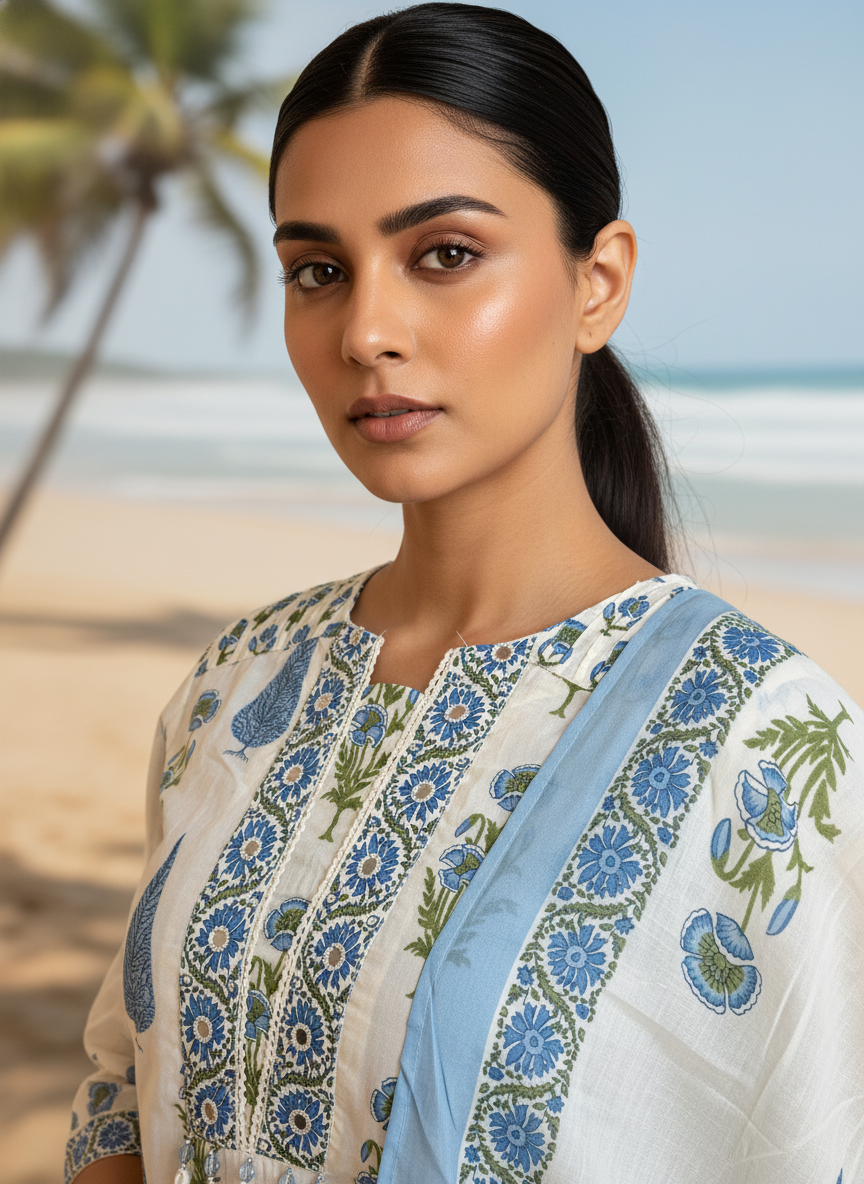 Powder Blue and Sage Floral Cotton Kurta Set for Women – Daily Wear Palazzo Suit
