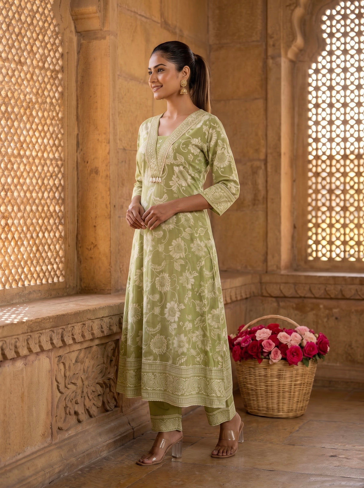 Sage Green Floral Print Premium Cotton Kurta Set