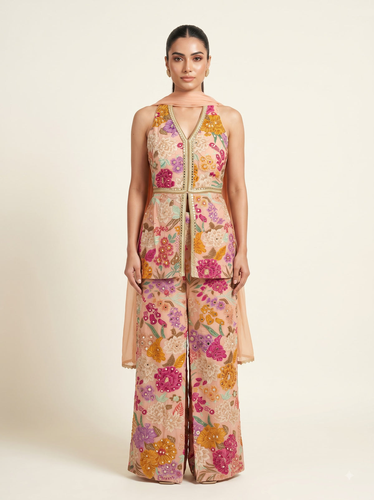 Peach Georgette Multicolour Floral Embroidered Tunic & Palazzo Co-ord Set