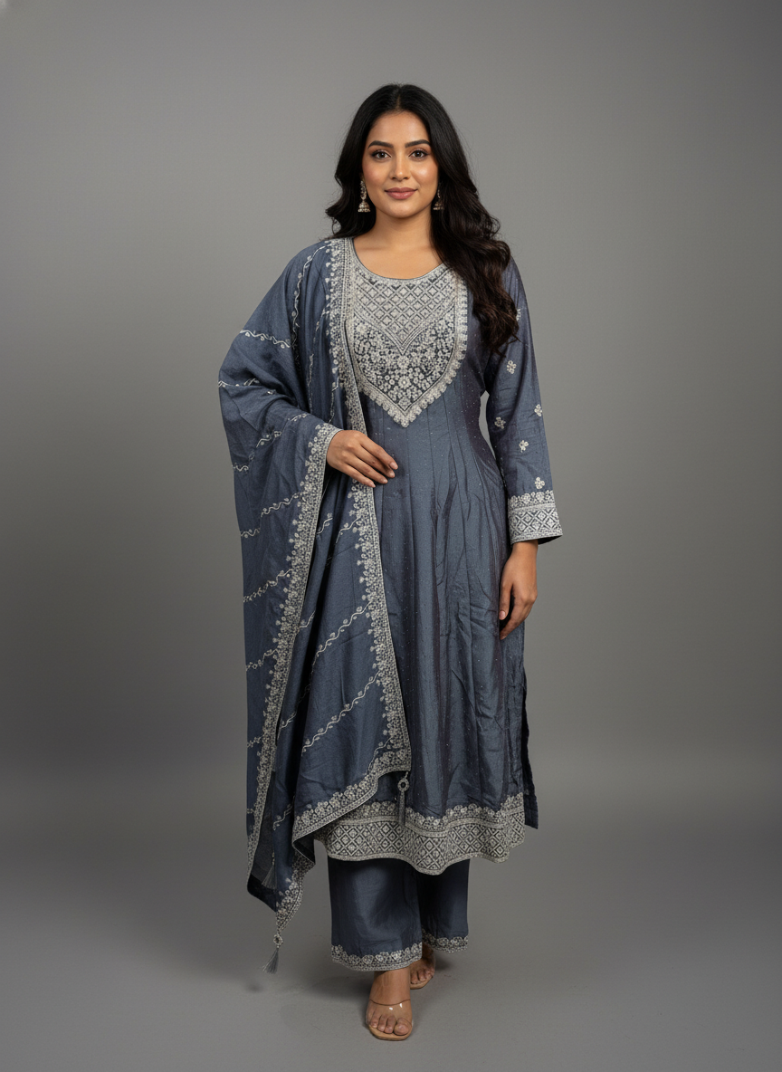 Aqua Grey Viscose Anarkali Suit Set with Sequin and Thread Work