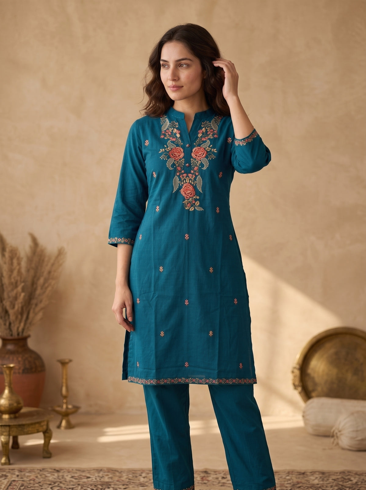 Teal Blue Floral Embroidered Linen Cotton Kurta Pant Set