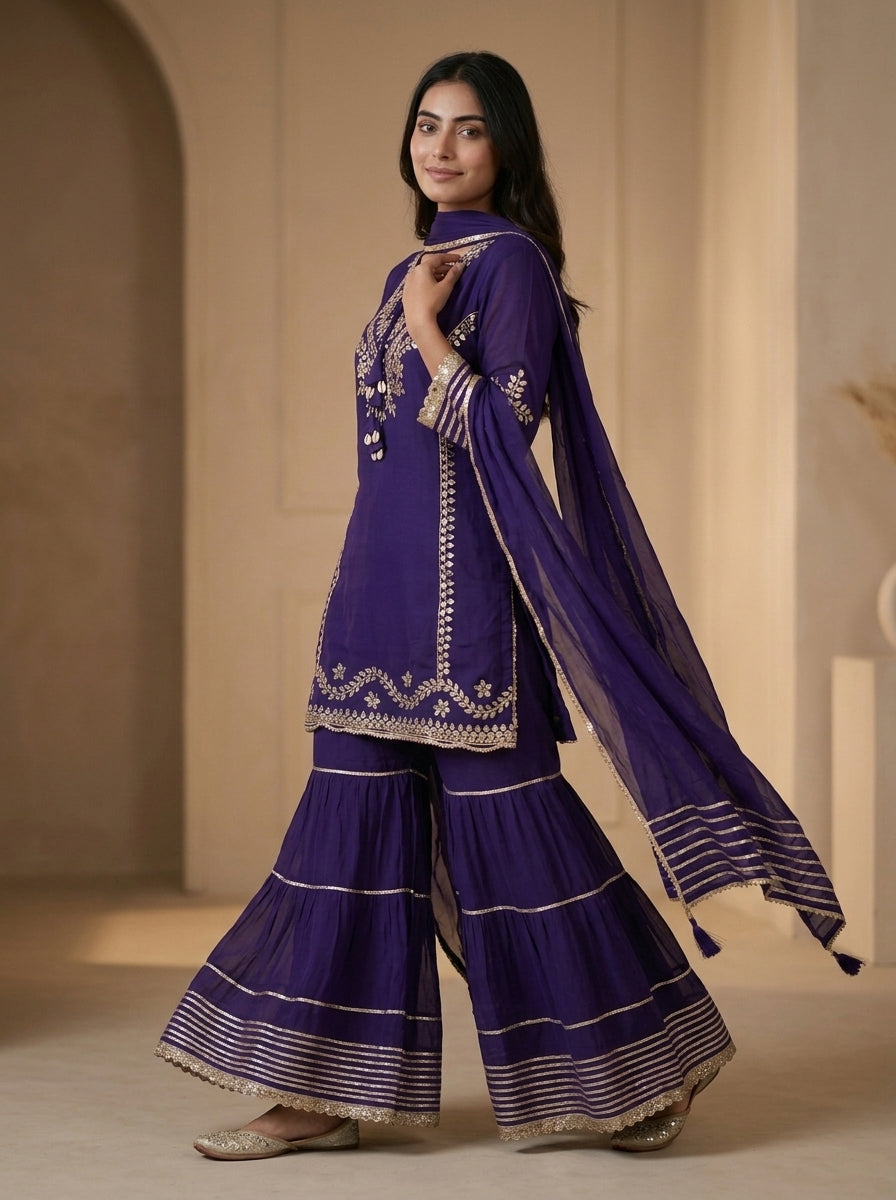 Purple Gota Patti Embroidered Kurta Sharara Set with Dupatta