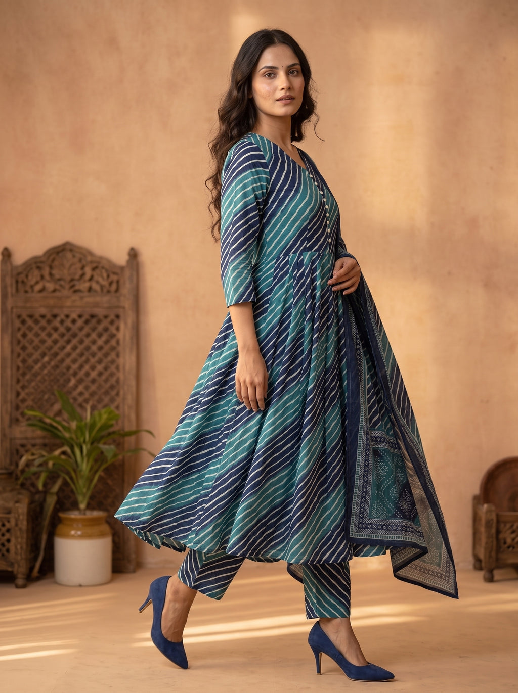 Blue Leheriya Printed Cotton Anarkali Set