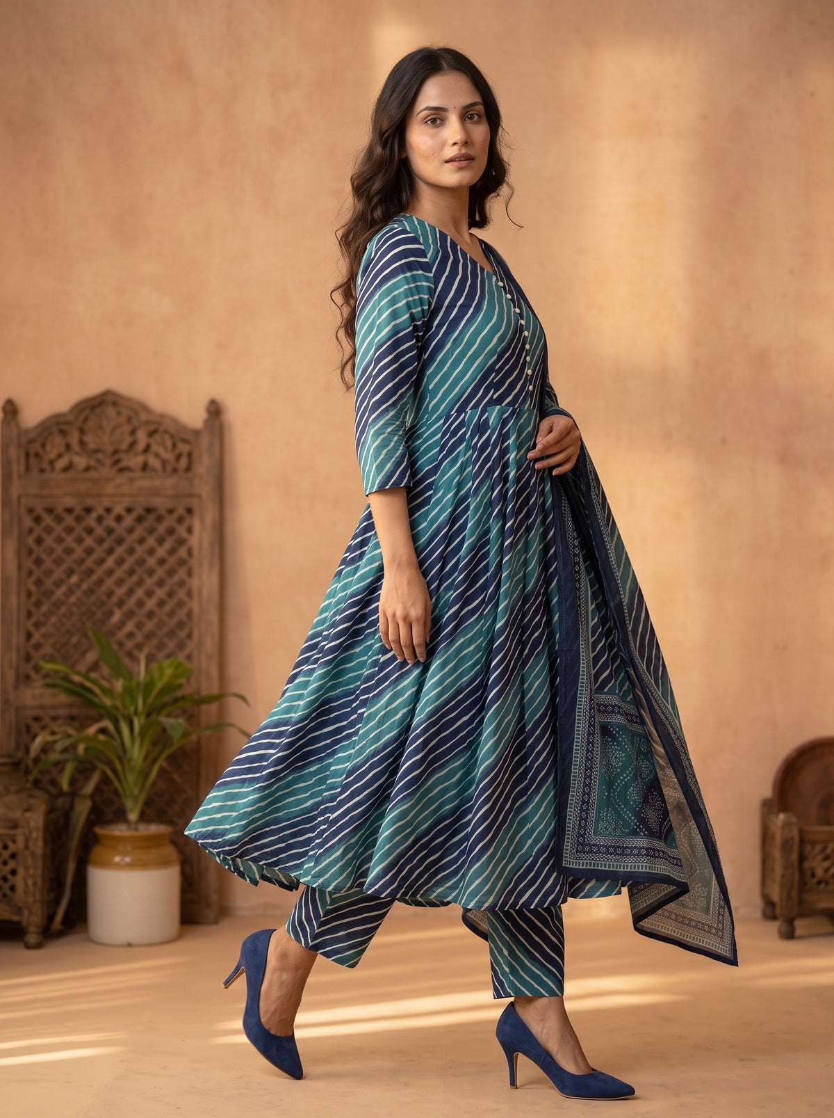 Blue Leheriya Printed Cotton Anarkali Set