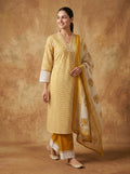 Mustard Chevron Print Cotton Kurta Set for Women – Straight Suit with Palazzo & Dupatta