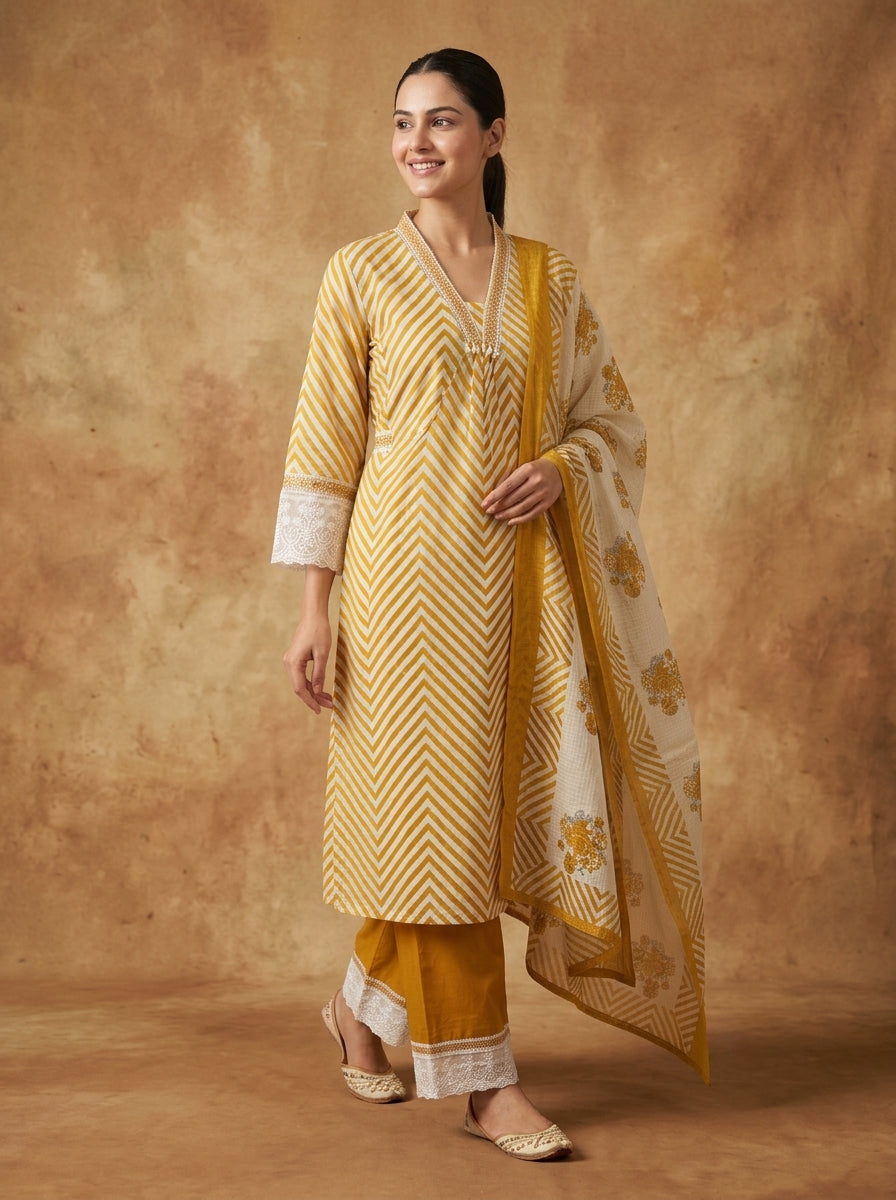 Mustard Chevron Print Cotton Kurta Set for Women – Straight Suit with Palazzo & Dupatta