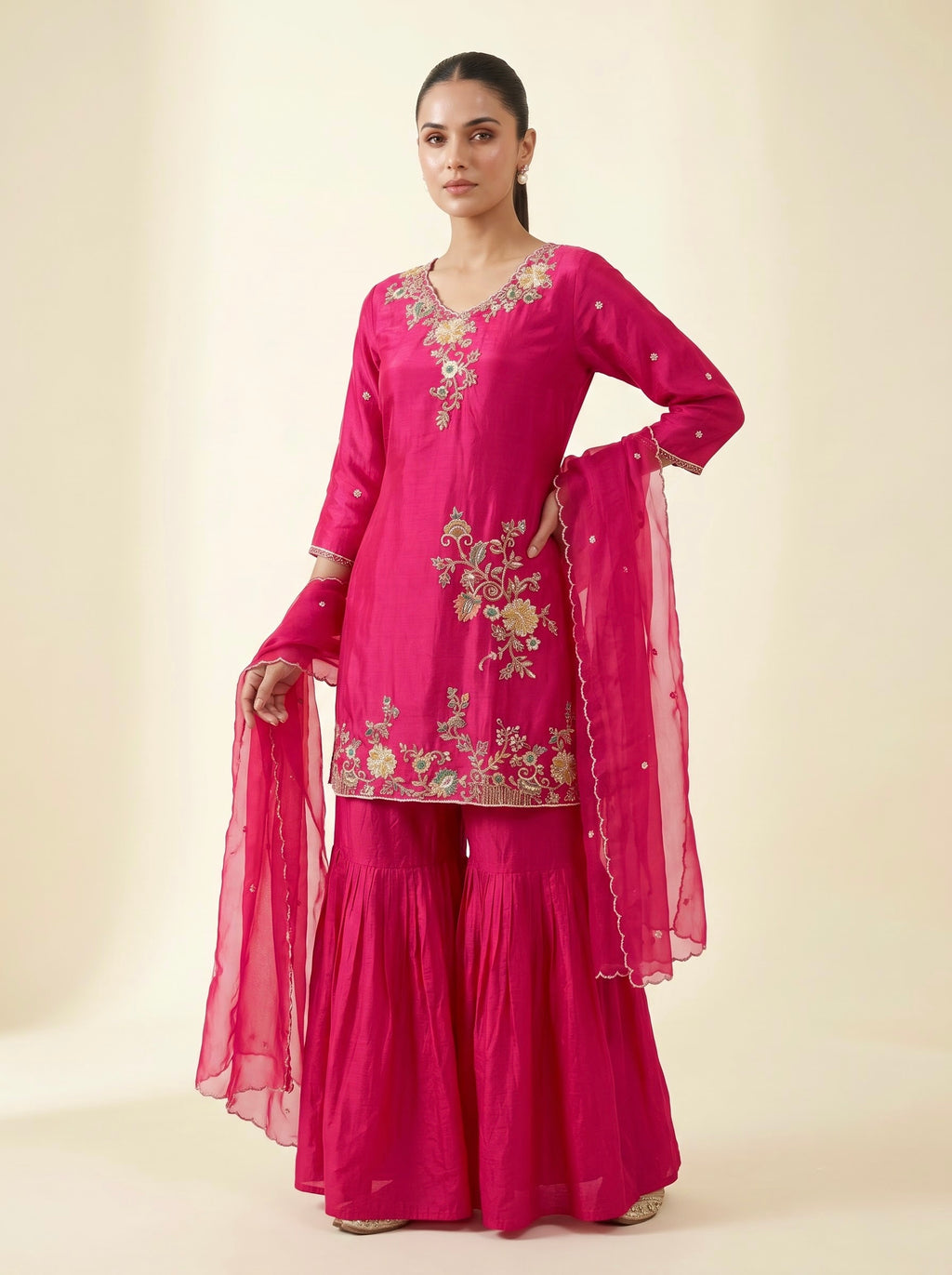 Rani Pink Pure Georgette Silk Sharara Set with Zardozi Embroidery & Organza Dupatta