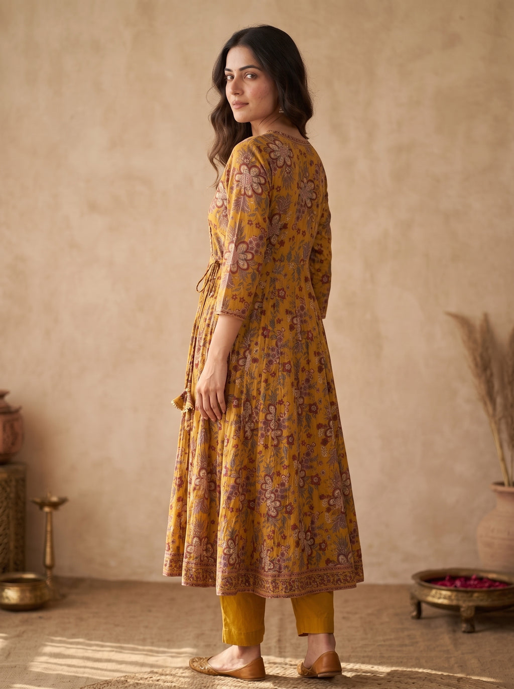 Mustard Kalamkari Print Anarkali Kurta Set with Dupatta