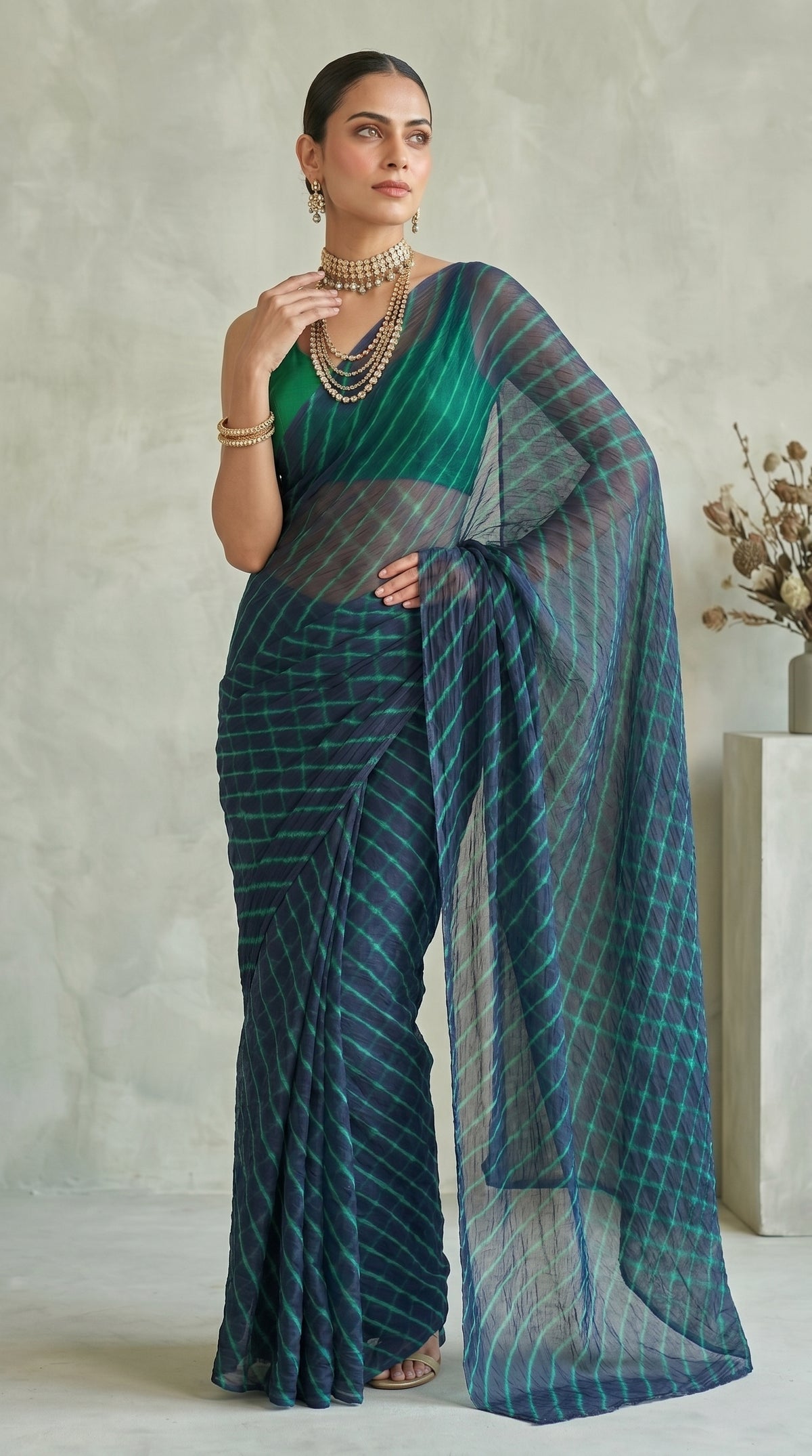 Navy Blue & Green Leheriya Georgette Saree with Blouse Piece