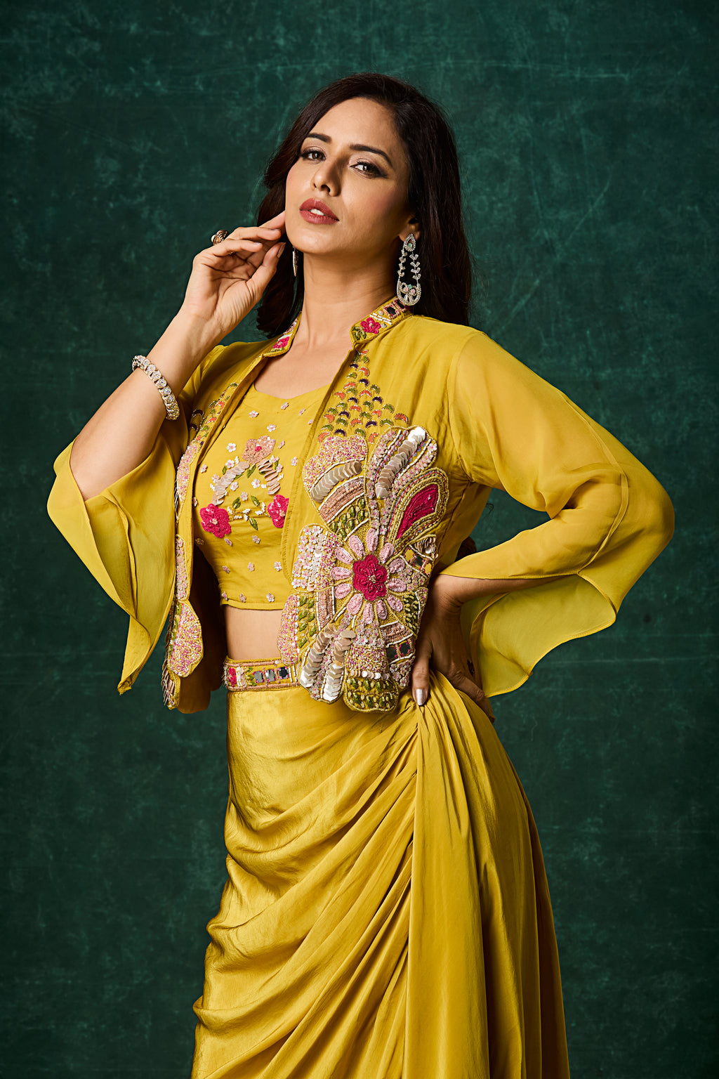 Mustard Yellow Draped Skirt Set with Embroidered Jacket – Three-Piece