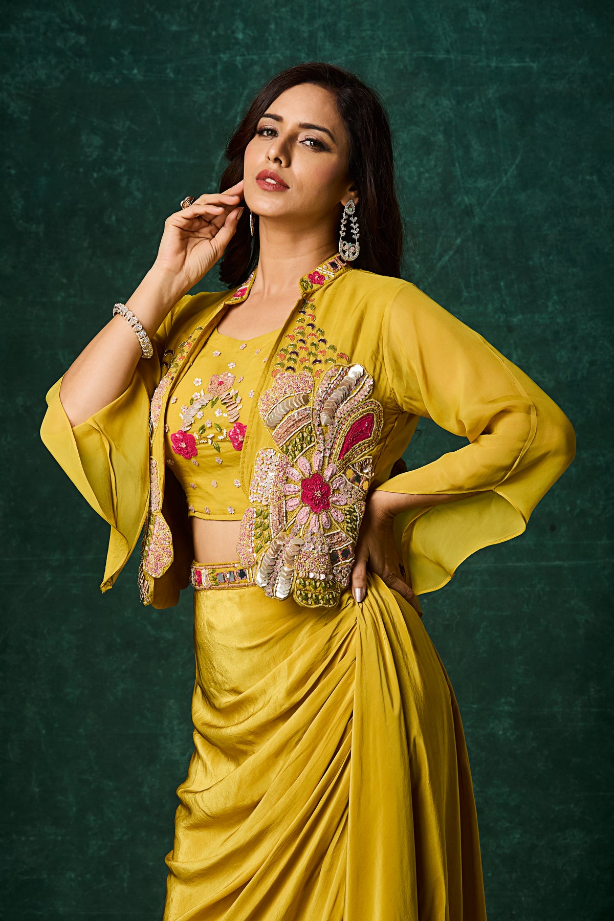 Mustard Yellow Draped Skirt Set with Embroidered Jacket – Three-Piece