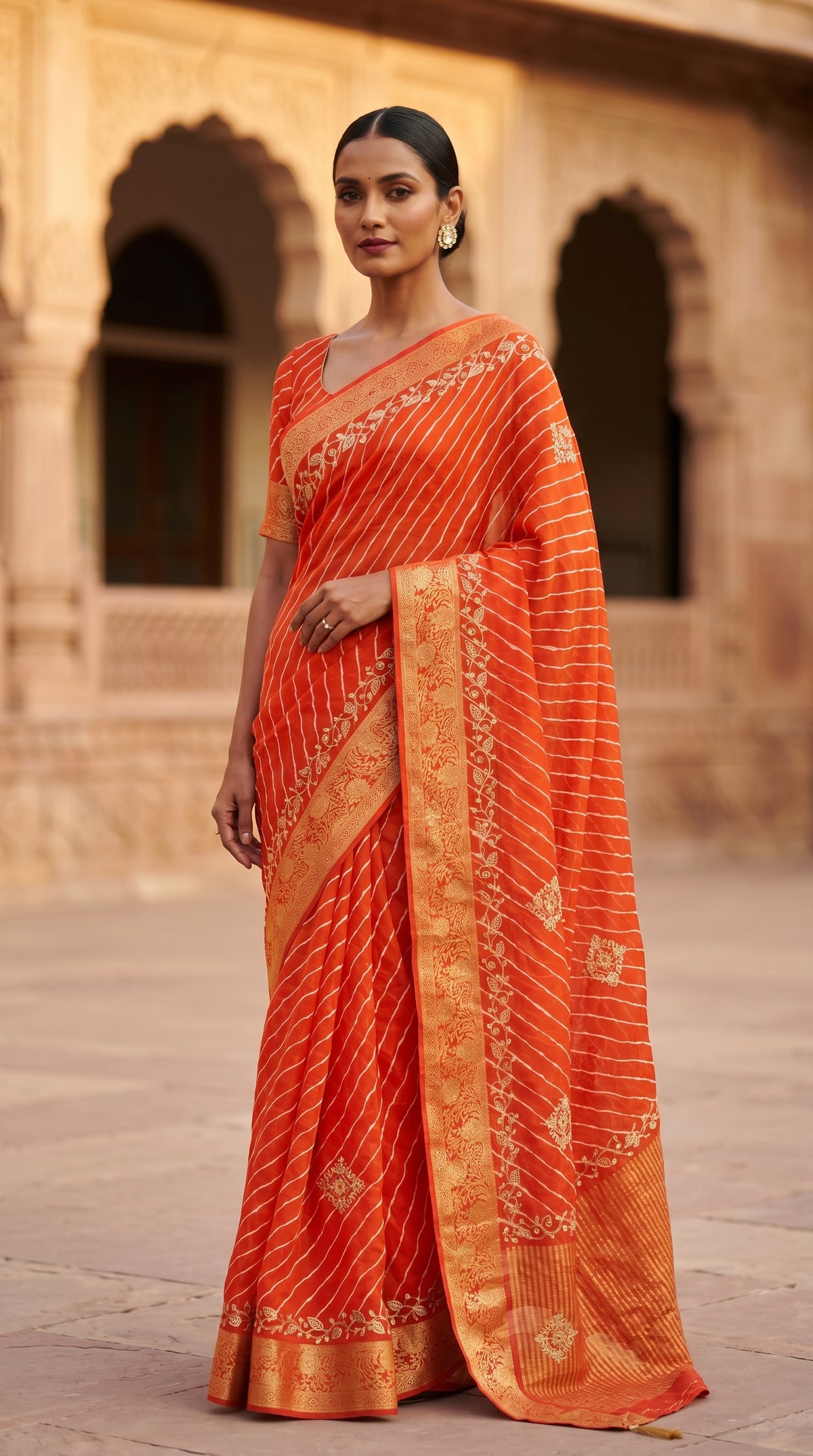 Orange Leheriya Georgette Saree with Gold Zari Border & Blouse Piece