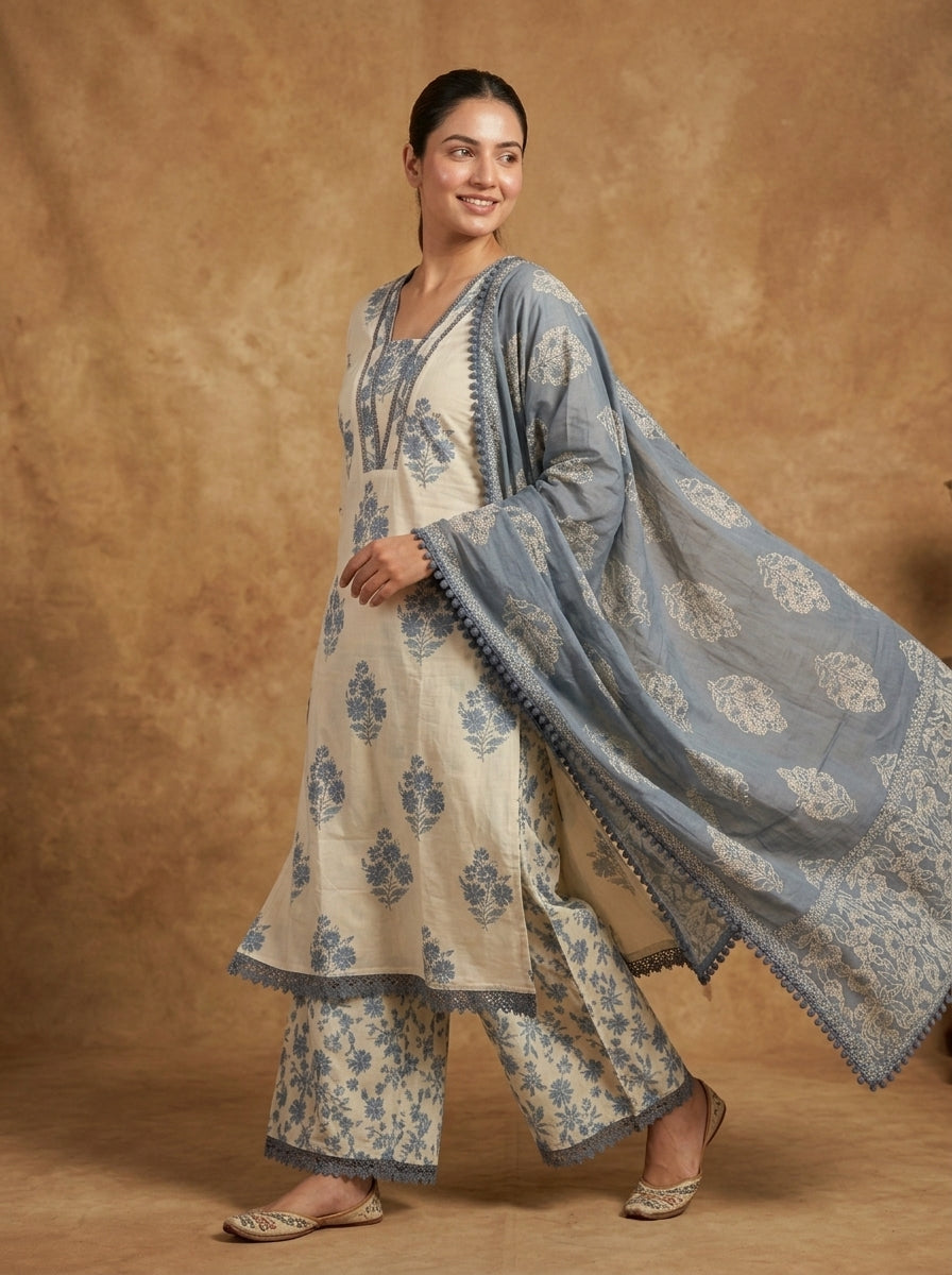 Ivory Blue Floral Block Print Cotton Kurta Set for Women – Straight Suit with Palazzo & Dupatta
