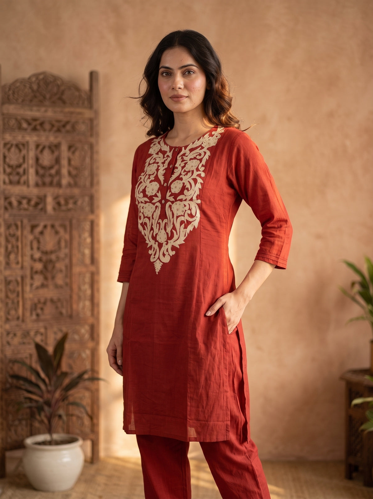 Rust Red Aari Embroidered Cotton Kurta Pant Set