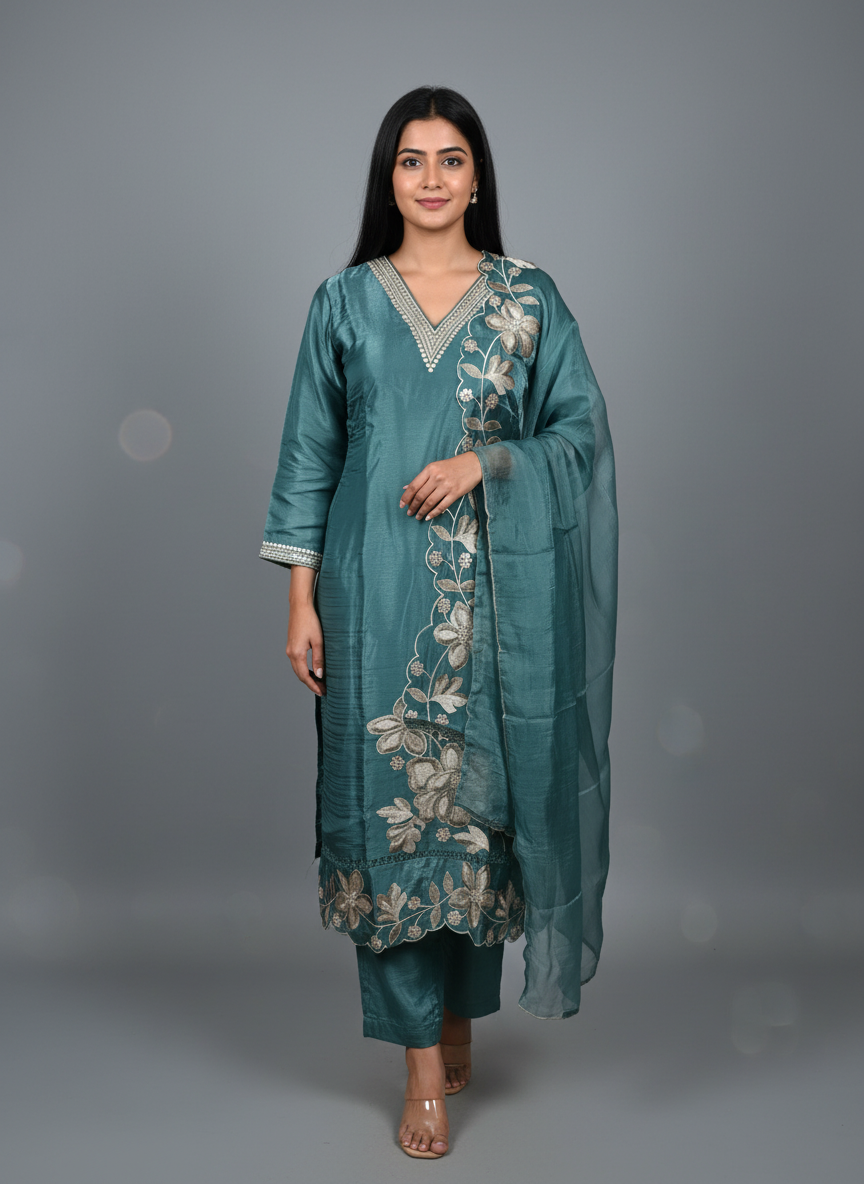 Teal Silk Floral Embroidered Suit Set – Festive Three-Piece