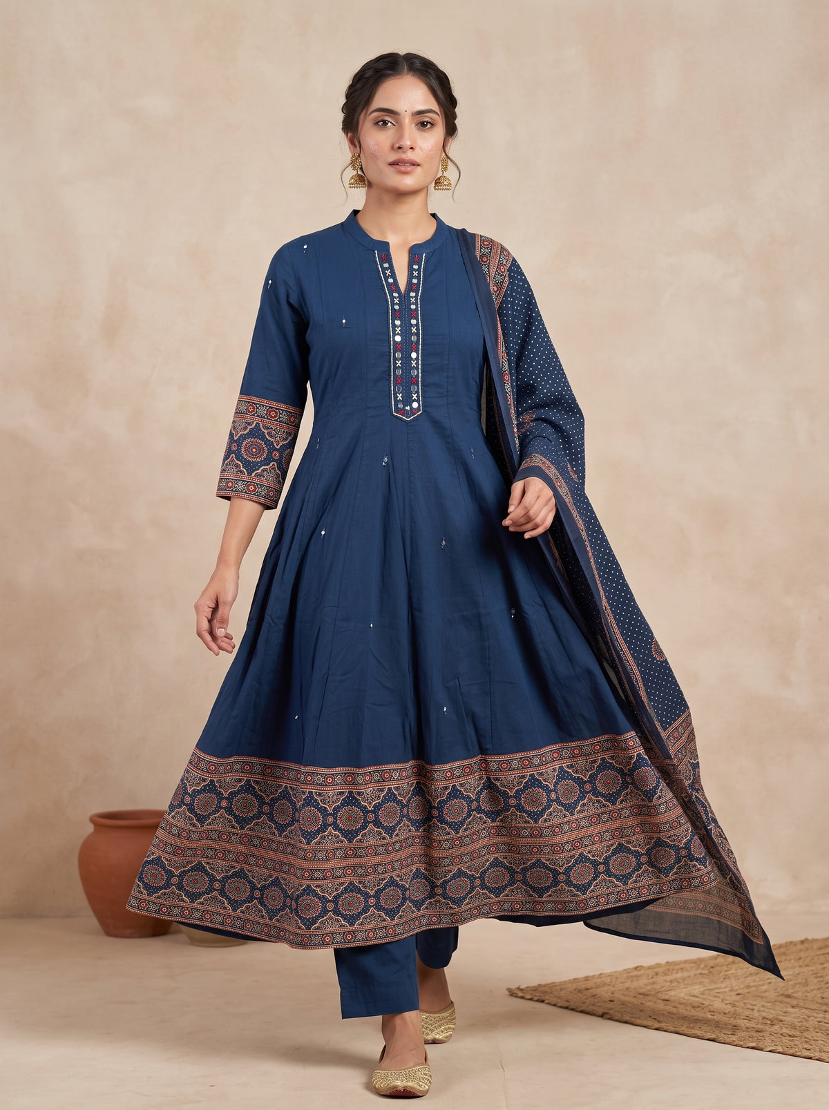 Navy Ajrakh Border Cotton Anarkali Set