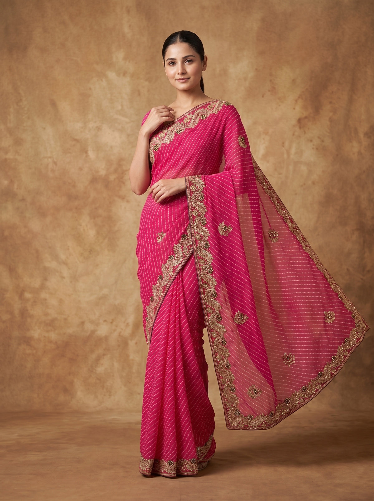Rani Pink  Leheriya Georgette Saree with Gold Embroidered Border & Blouse Piece