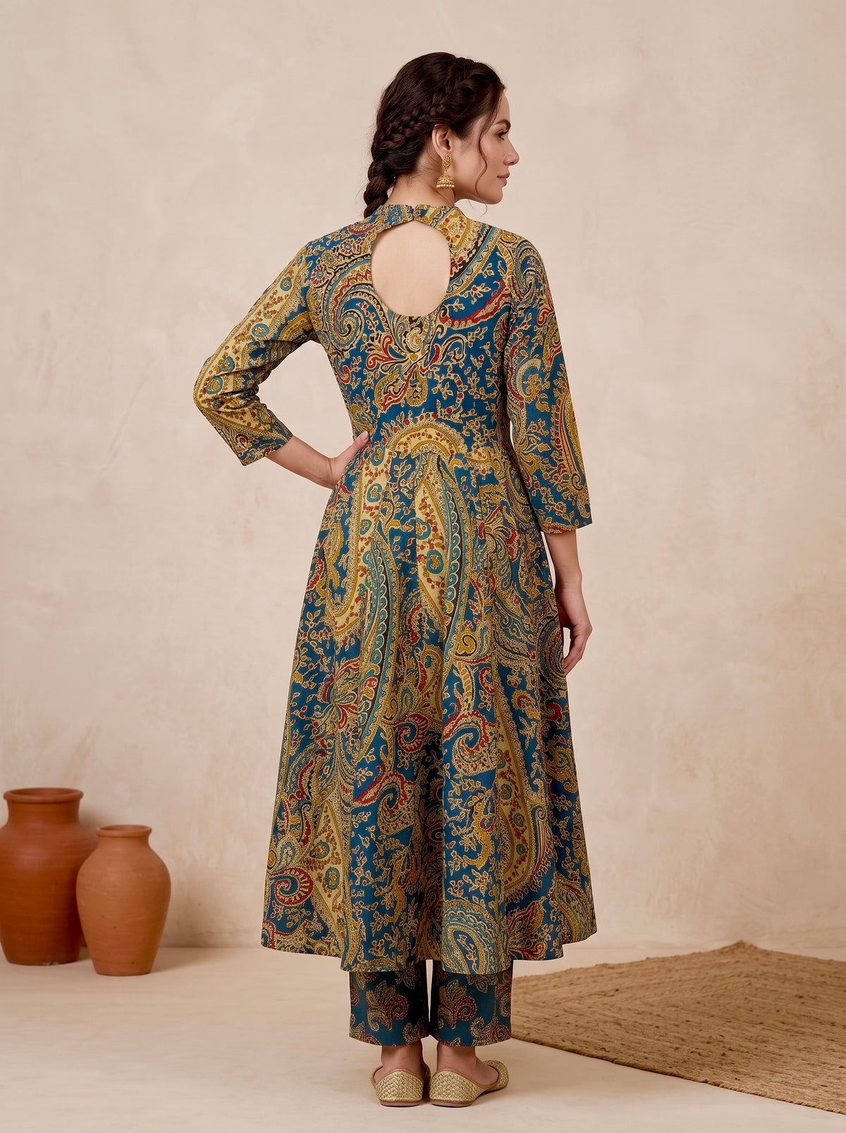 Blue Paisley Printed Cotton Anarkali Set