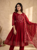 Red Bandhani Mirror Work Anarkali Kurta Set with Dupatta