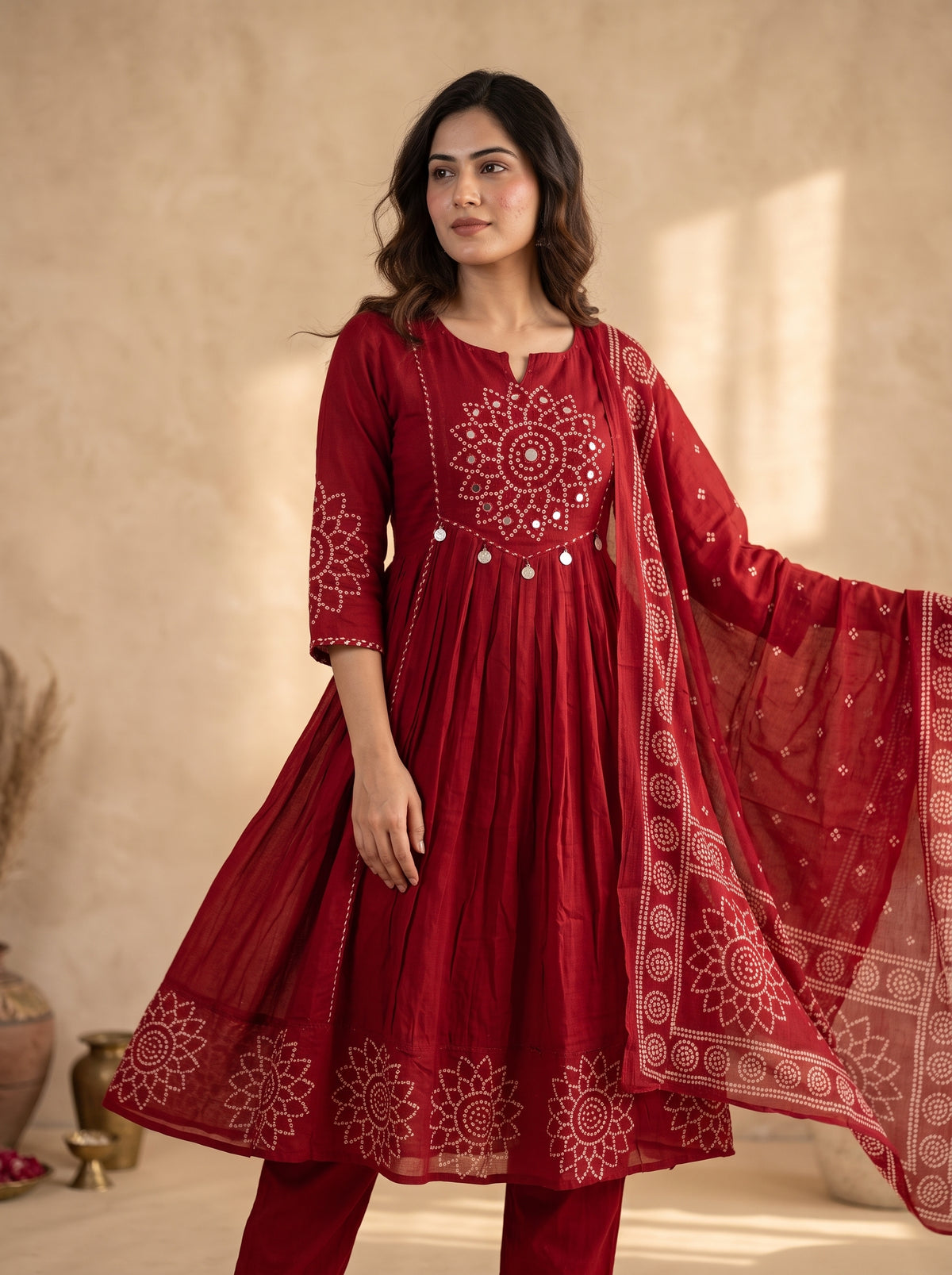 Red Bandhani Mirror Work Anarkali Kurta Set with Dupatta