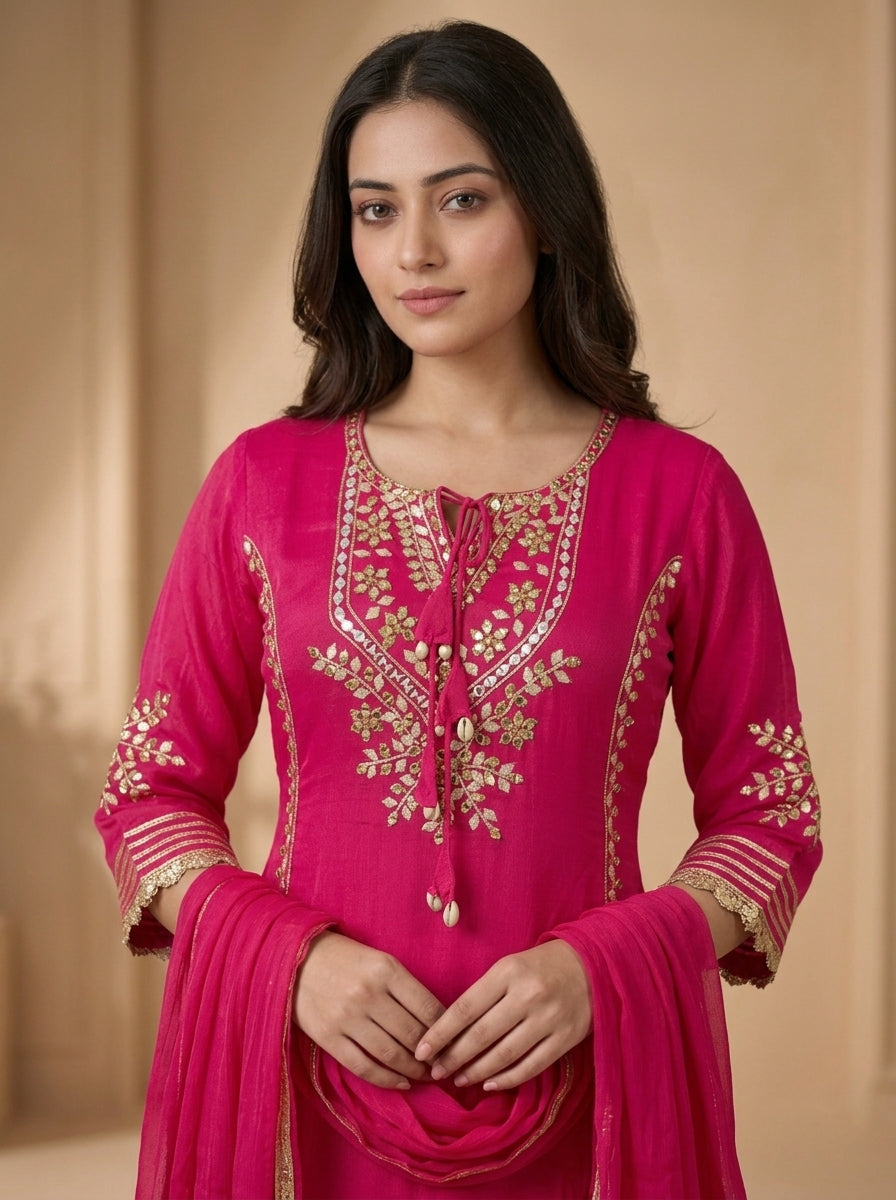 Rani Pink Gota Patti Embroidered Kurta Sharara Set with Dupatta
