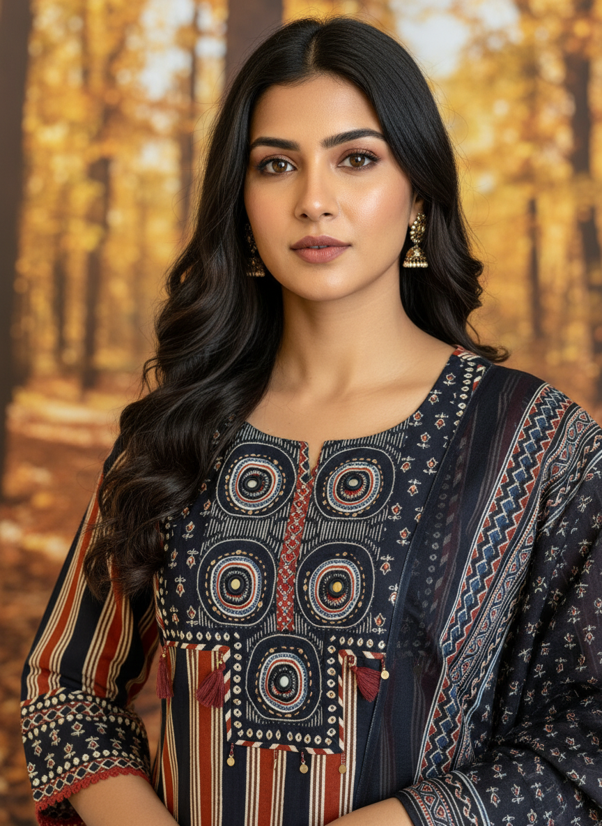 Indigo Rust Striped Cotton Kurta Set for Women – Daily Wear Palazzo Suit