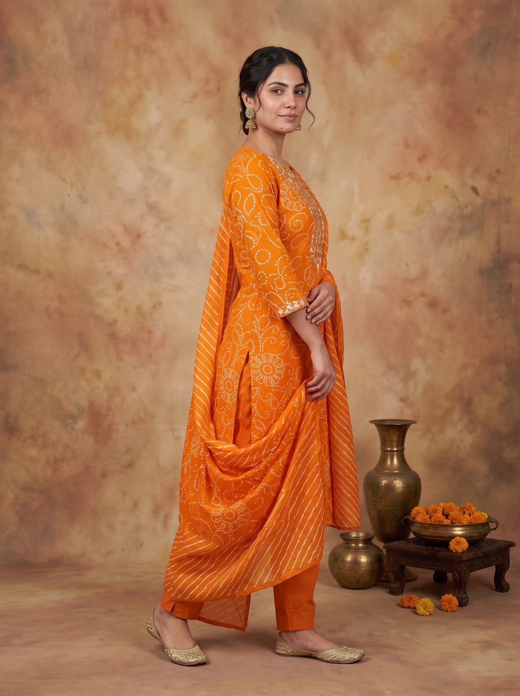 Orange Bandhani Printed Pure Cotton Kurta Set