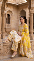 Ivory & Yellow Floral Block Print Cotton Kurta Set – Palazzo Suit