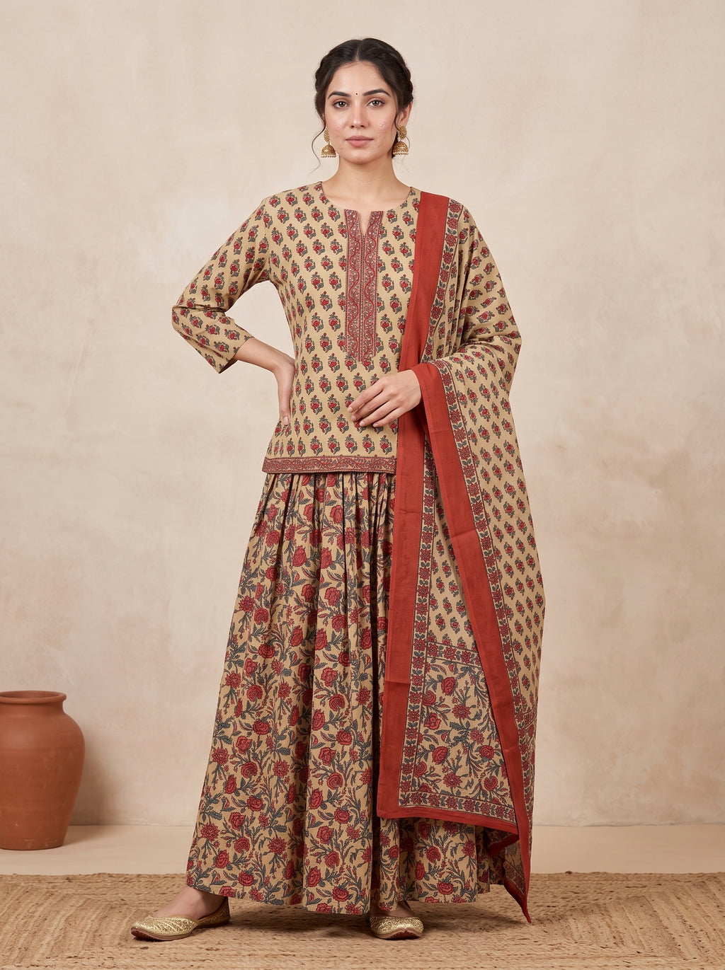 Beige Floral Printed Cotton Top & Skirt Set