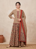 Beige Floral Printed Cotton Top & Skirt Set