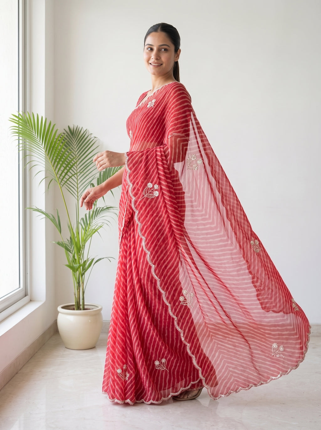 Red Leheriya Georgette Saree with Pearl Work & Blouse Piece
