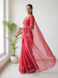 Red Leheriya Georgette Saree with Pearl Work & Blouse Piece