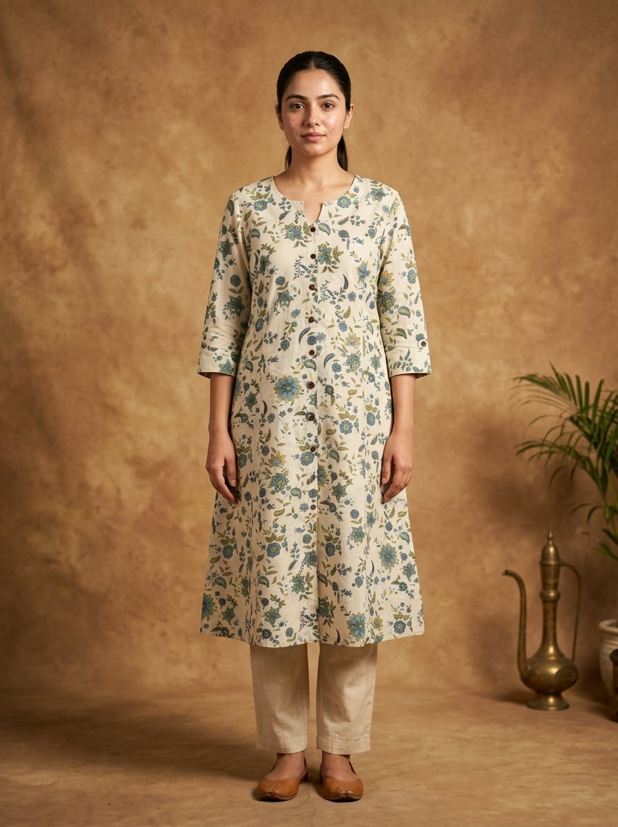 Ivory Blue Green Floral Print Cotton A-Line Kurta Set for Women – Button-Front Suit