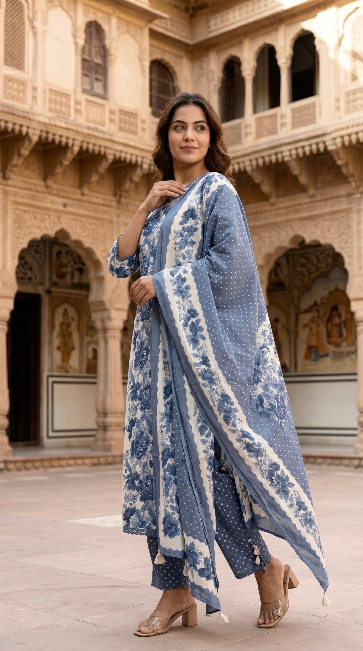 Indigo Blue Floral Print Cotton Kurta Set for Women – Straight Daily & Office Wear Suit with Bandhani Dupatta