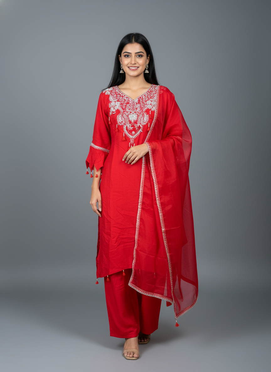 Ruby Red Embroidered Kurta and Pant Set with Organza Dupatta
