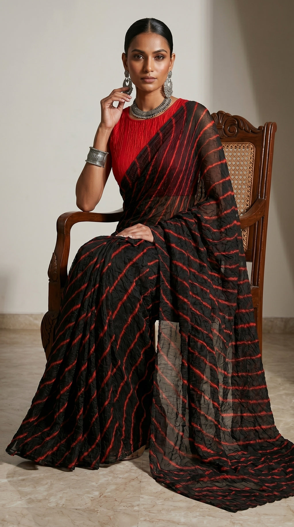 Black & Red Leheriya Georgette Saree with Blouse Piece