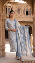 Blue Floral Print Cotton Kurta Set – Straight Suit with Dupatta