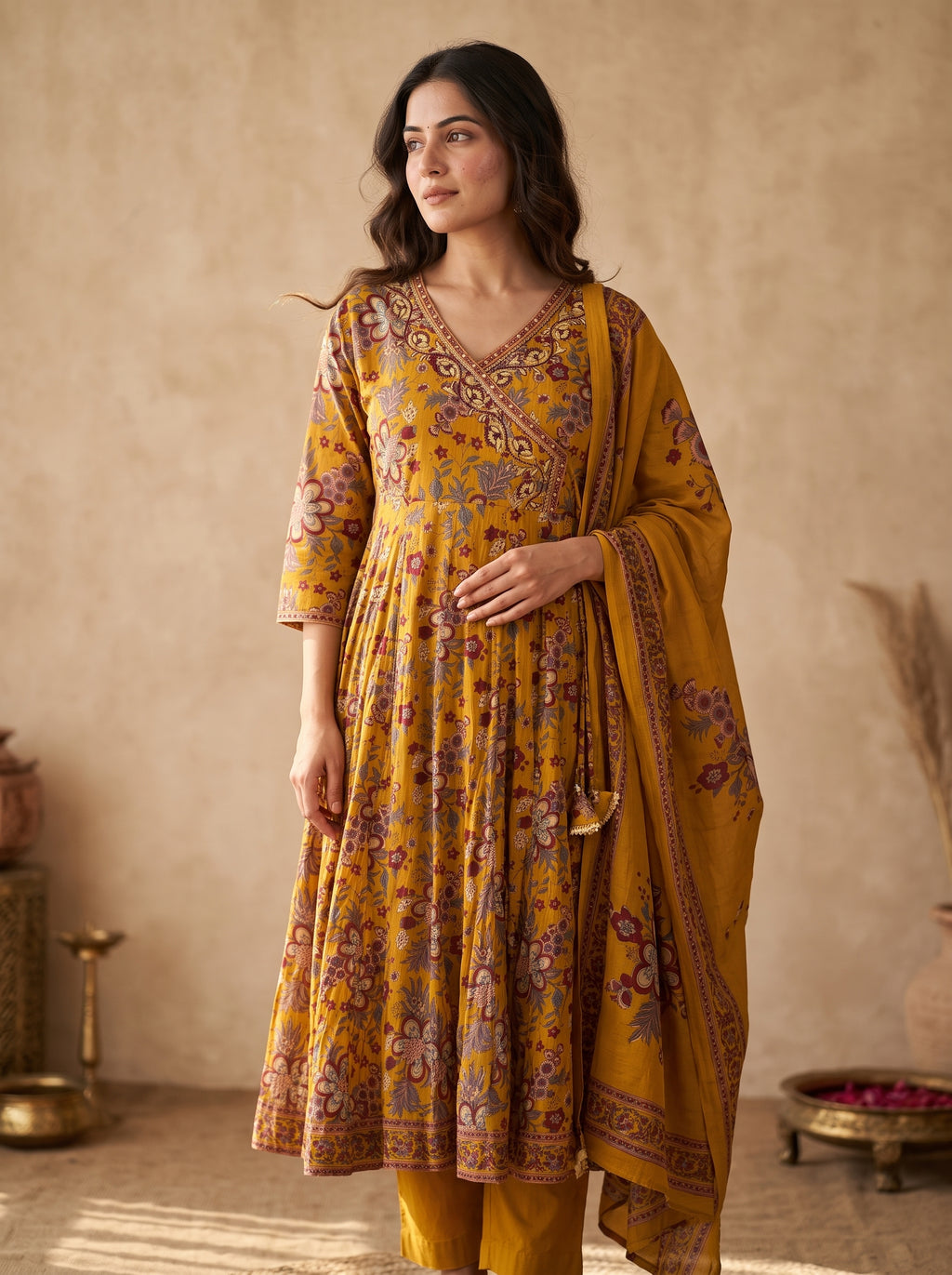 Mustard Kalamkari Print Anarkali Kurta Set with Dupatta