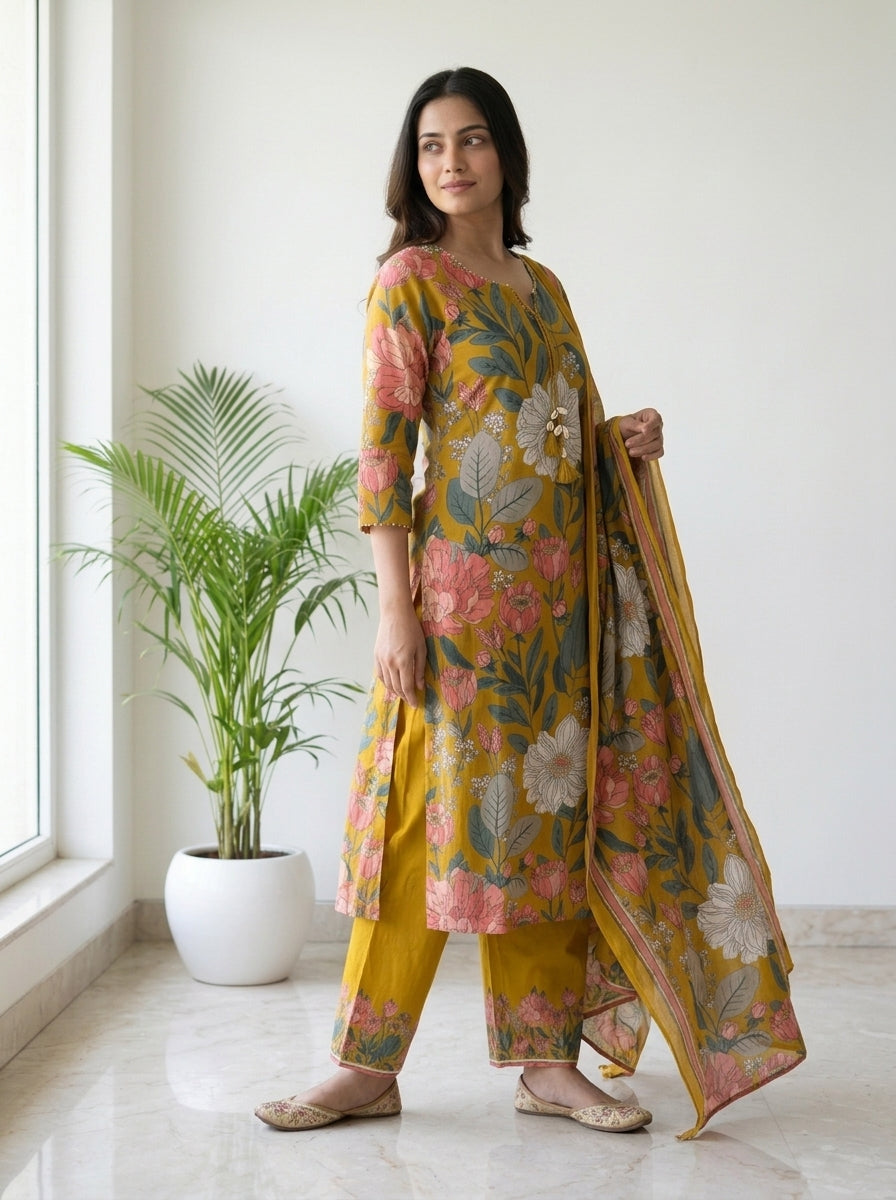 Mustard Floral Print Cotton Kurta Pant Set with Dupatta