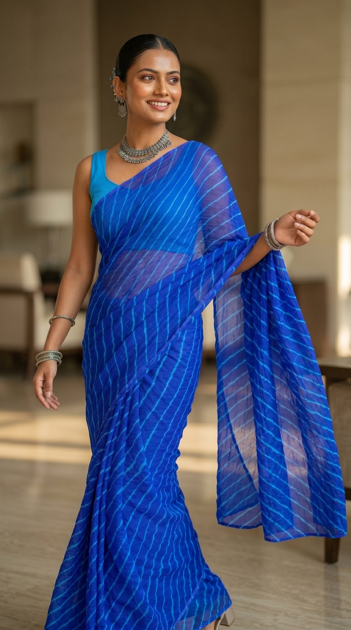 Royal Blue Leheriya Georgette Saree with Blouse Piece