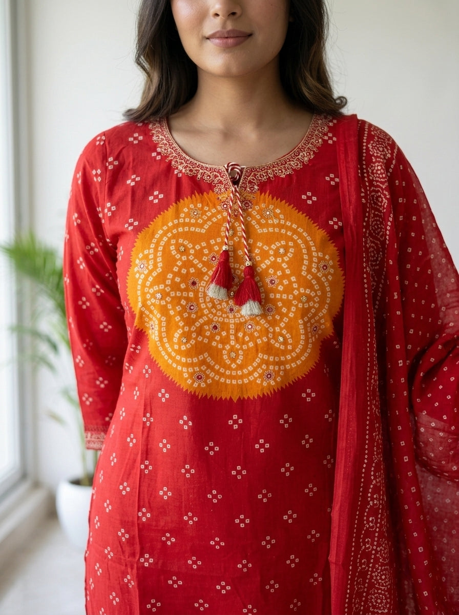 Red Bandhani Print Cotton Kurta Pant Set with Dupatta