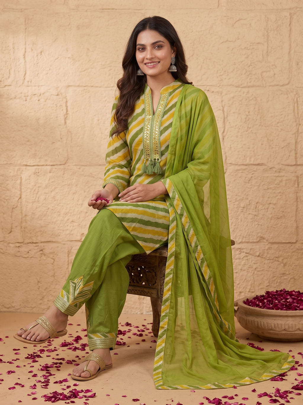 Green Leheriya Chinon Kurta with Salwar Set