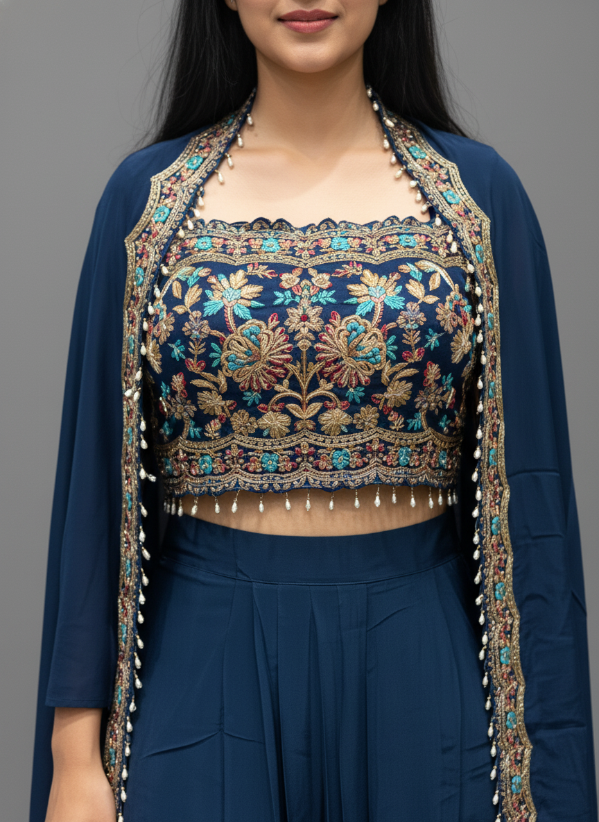 Powder Blue Crepe Skirt Set with Embroidered Cape – Festive Indo-Western