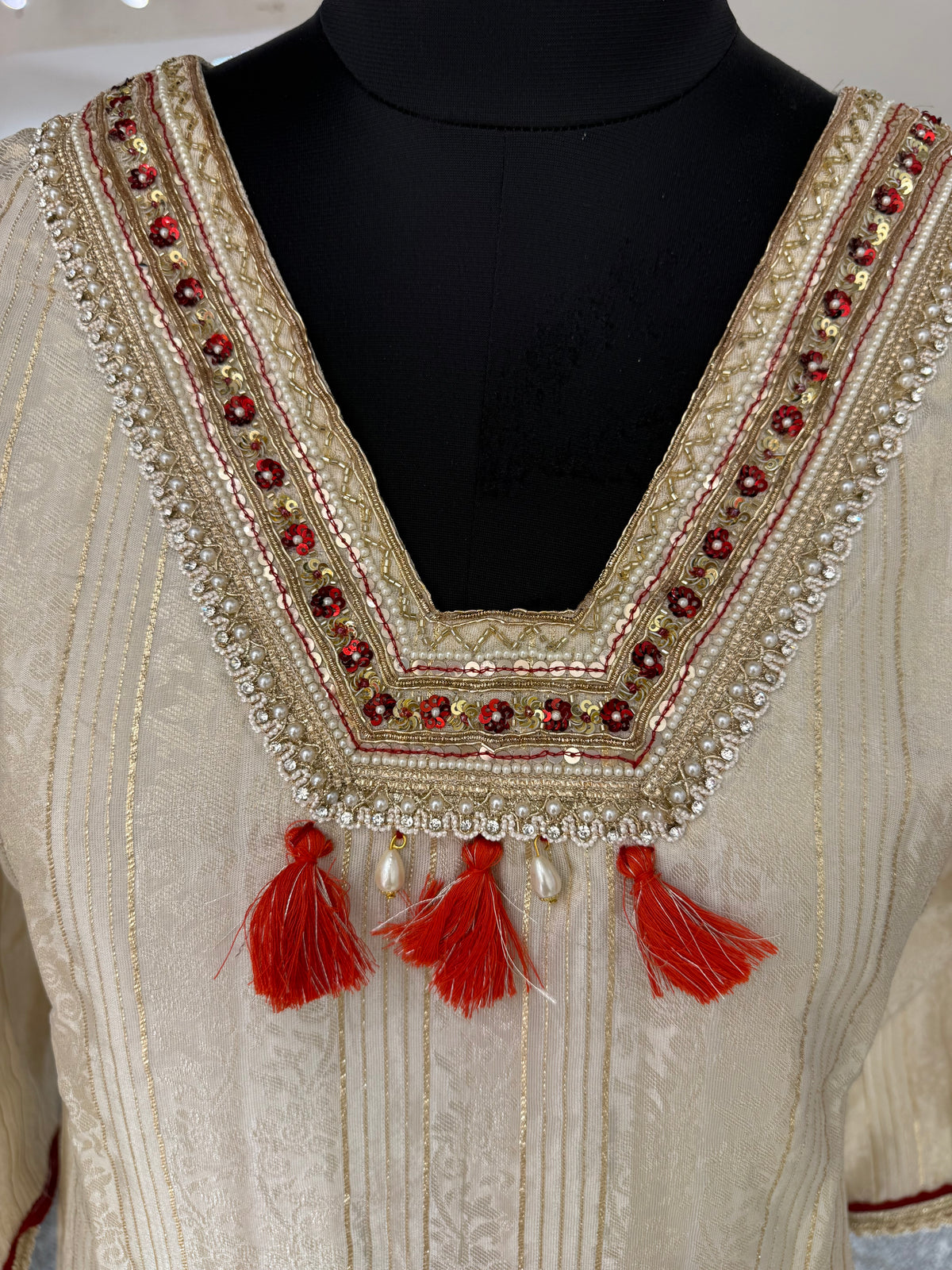 Cream Tissue Silk Salwar Suit Set with Red Bandhani Dupatta